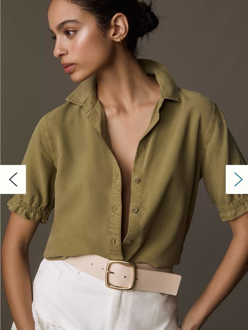 Anthropologie Cloth & Stone Puffed-Short-Sleeve Buttondown Shirt Olive Green